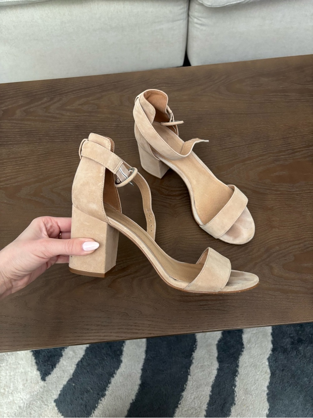 Madewell Beige Suede Block Heel Sandals with Ankle Strap
